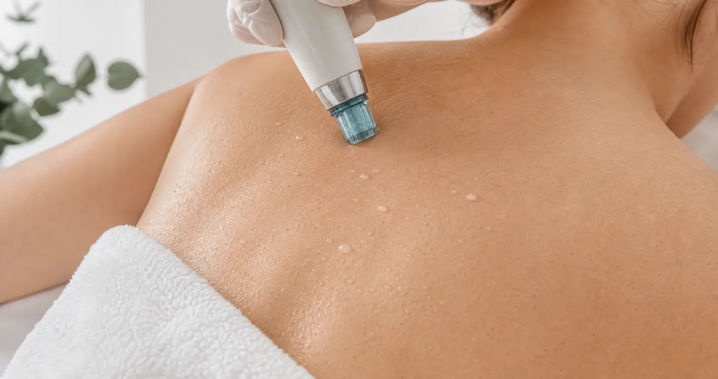 Close-up of a Hydrafacial-style treatment tip cleansing back skin