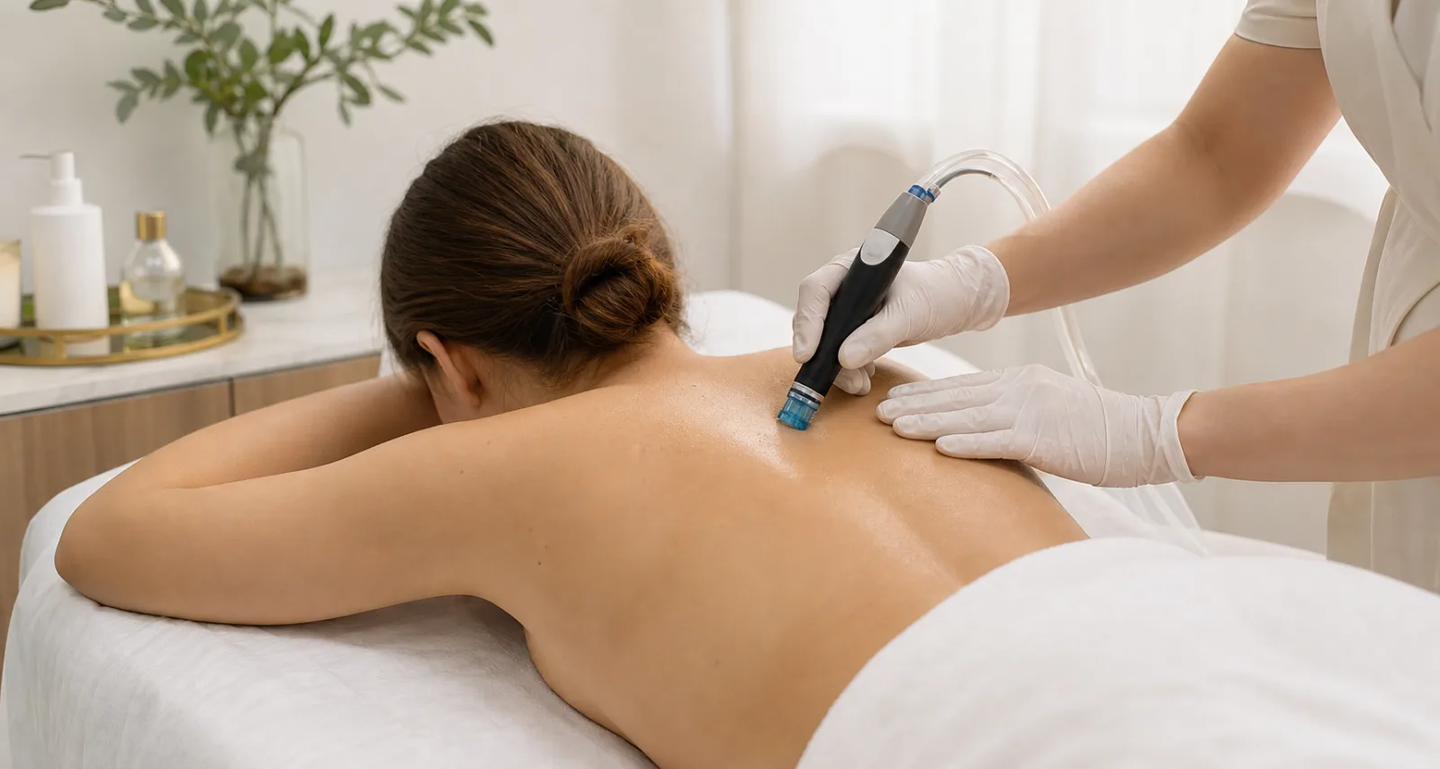 Back Hydrafacial treatment on the upper back in a calm clinic room