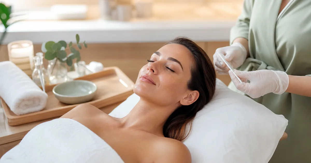 A calm facial treatment scene for dermaplaning and Hydrafacial in a warm Northampton skincare studio